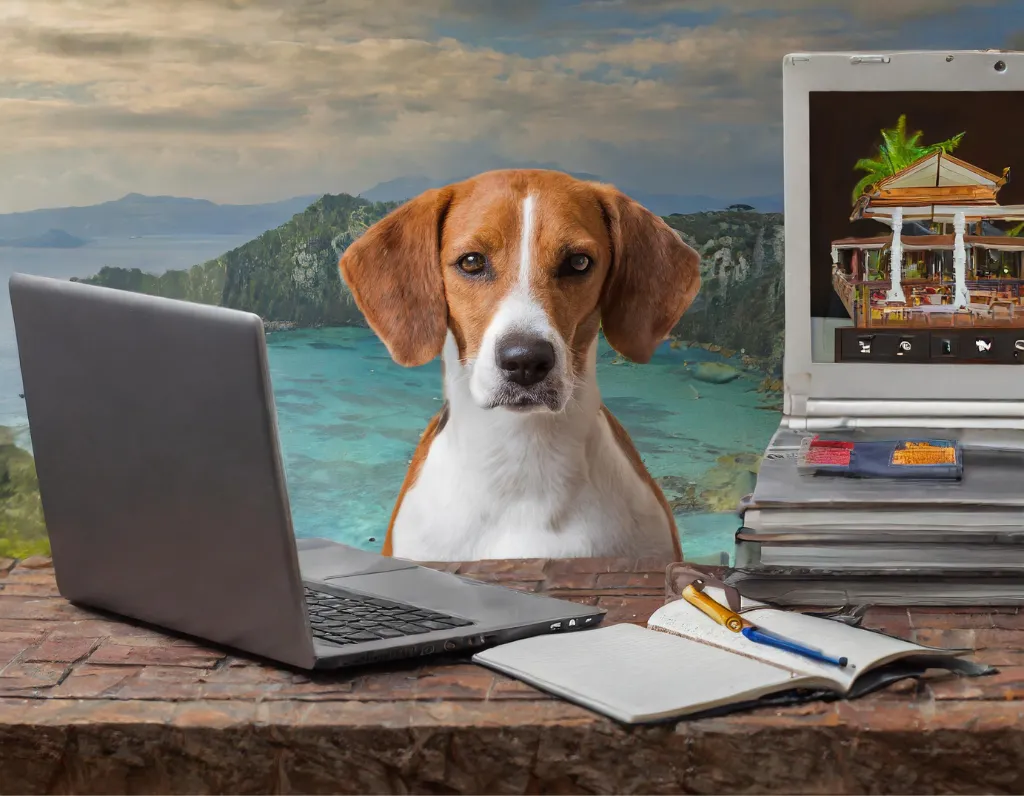 A dog using a computer to book a hotel stay.