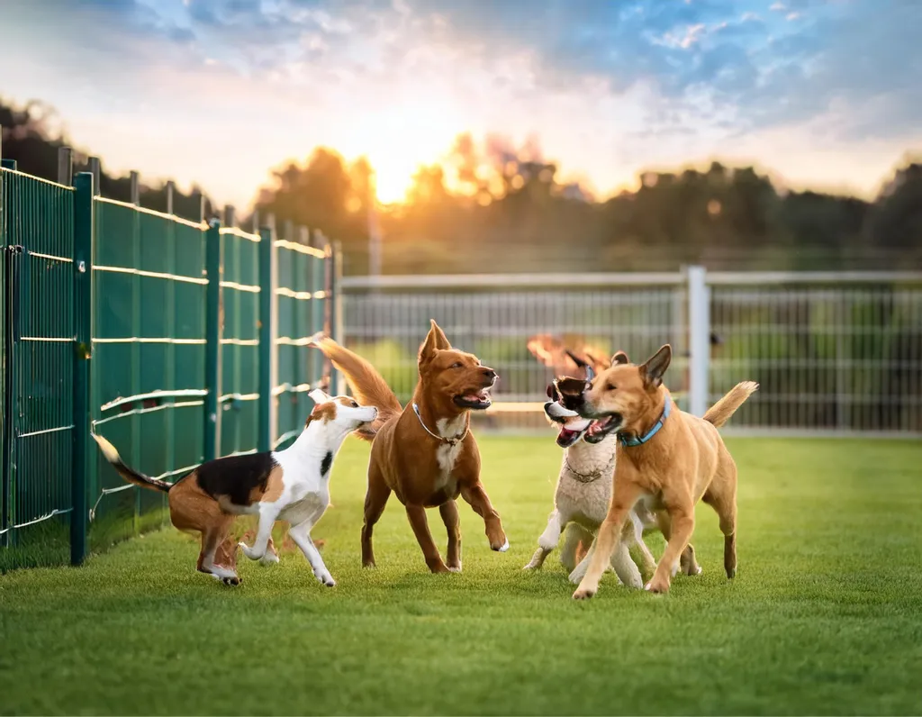 Group of dogs playing together on green turf at a modern pet boarding facility with secure 6-foot fencing.