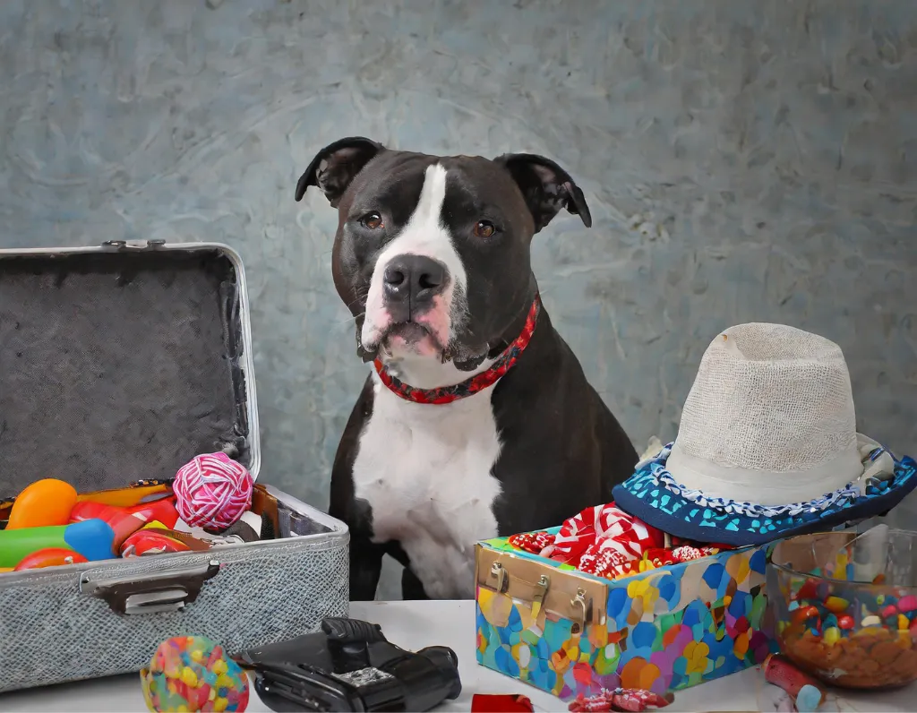 A black and white pit bull packing toys and food for a vacation.