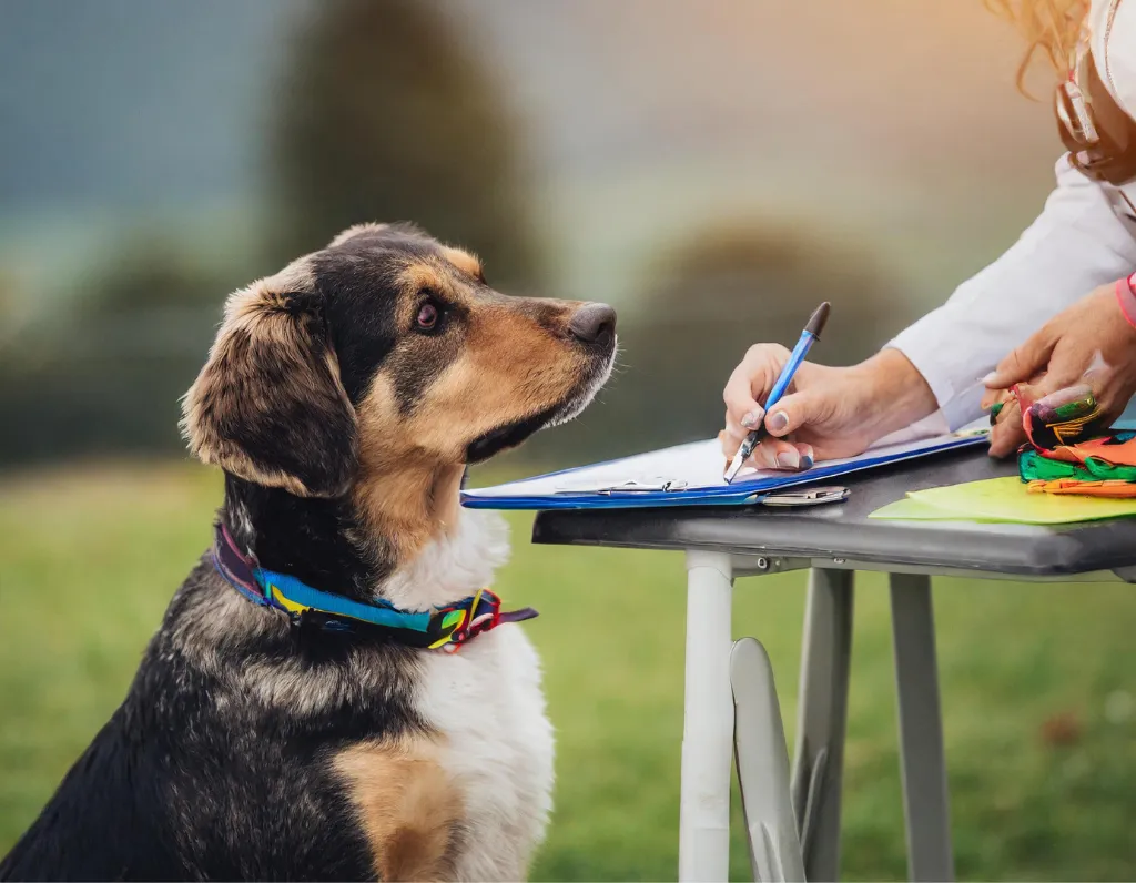 A dog receiving a behavioral evaluation from a professional.