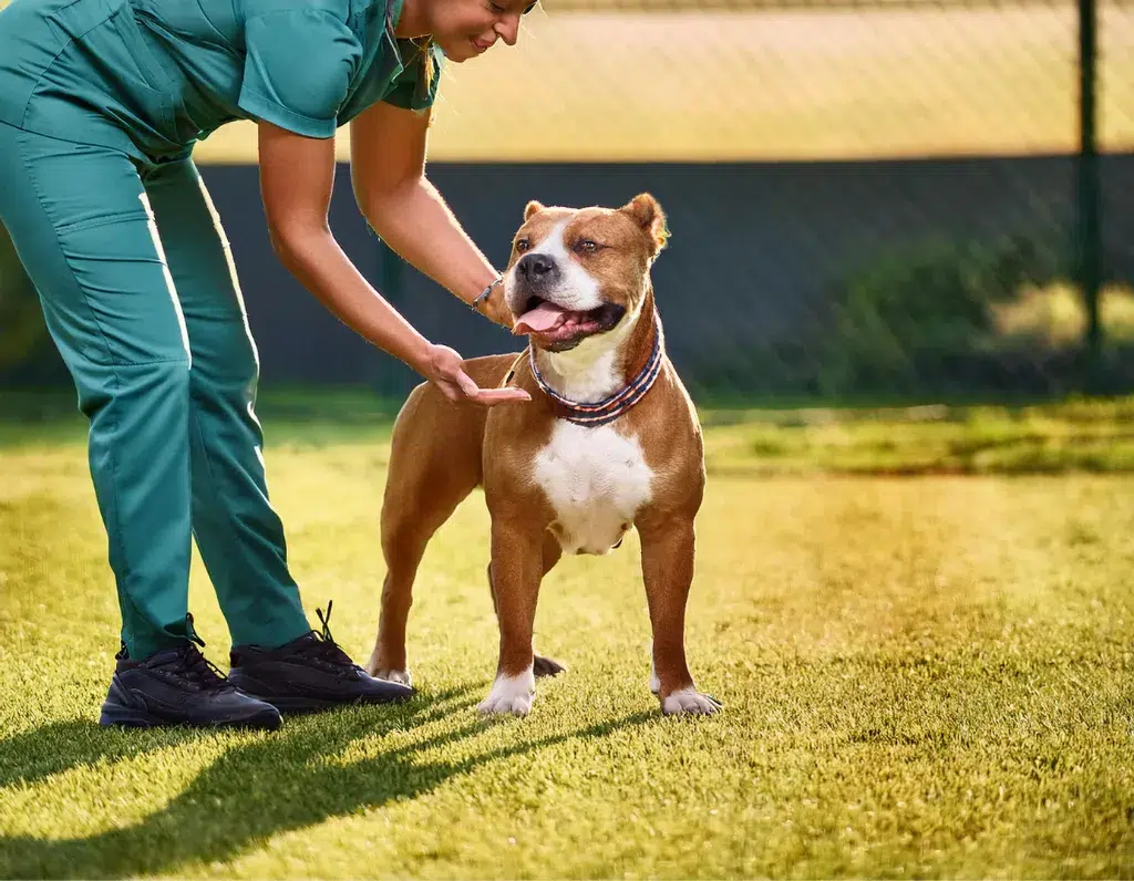 Pet boarding staff conducting a behavioral evaluation of an American Staffordshire Terrier in a secure, fenced-in area with green turf.