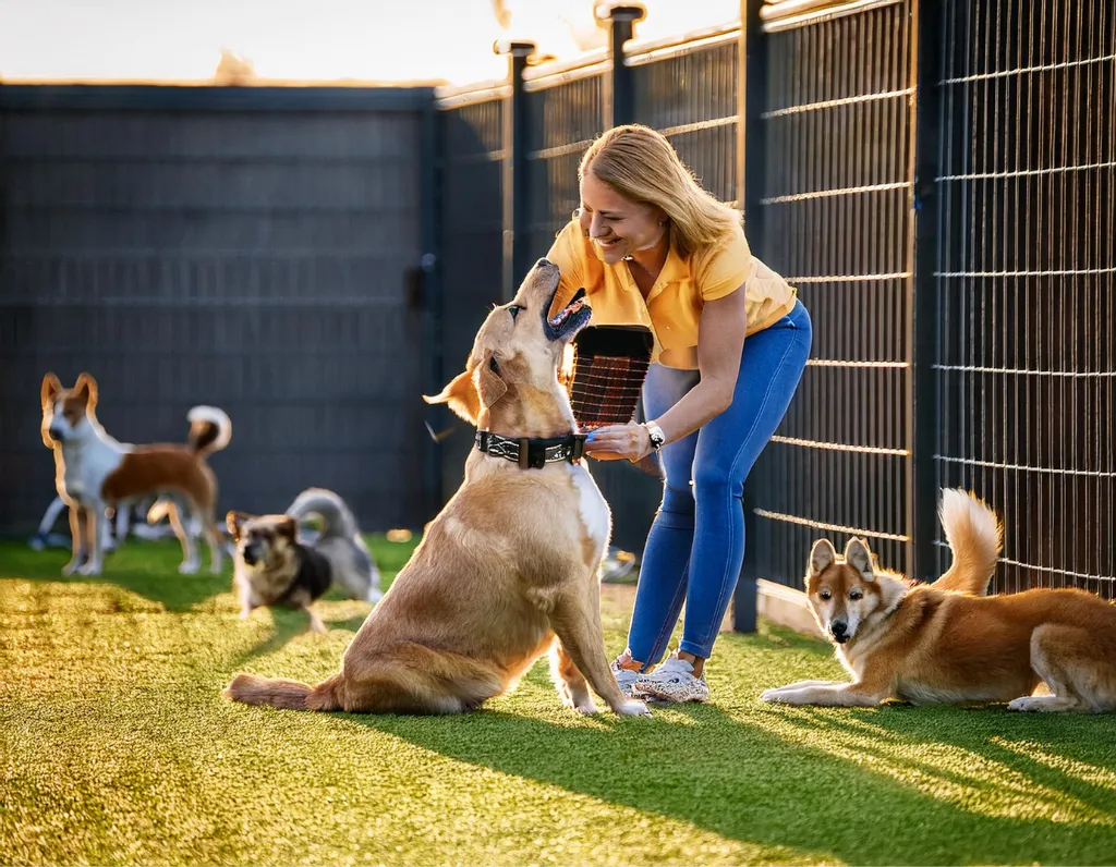 A welcoming pet boarding facility, with on-site staff and a compassionate, attentive team caring for pets.